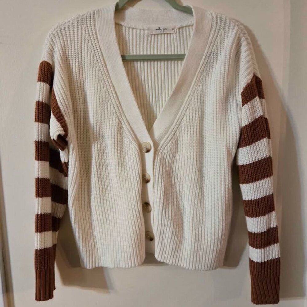 Molly Green Size S/M White Cardigan Sweater with Brown/White Striped Sleeves